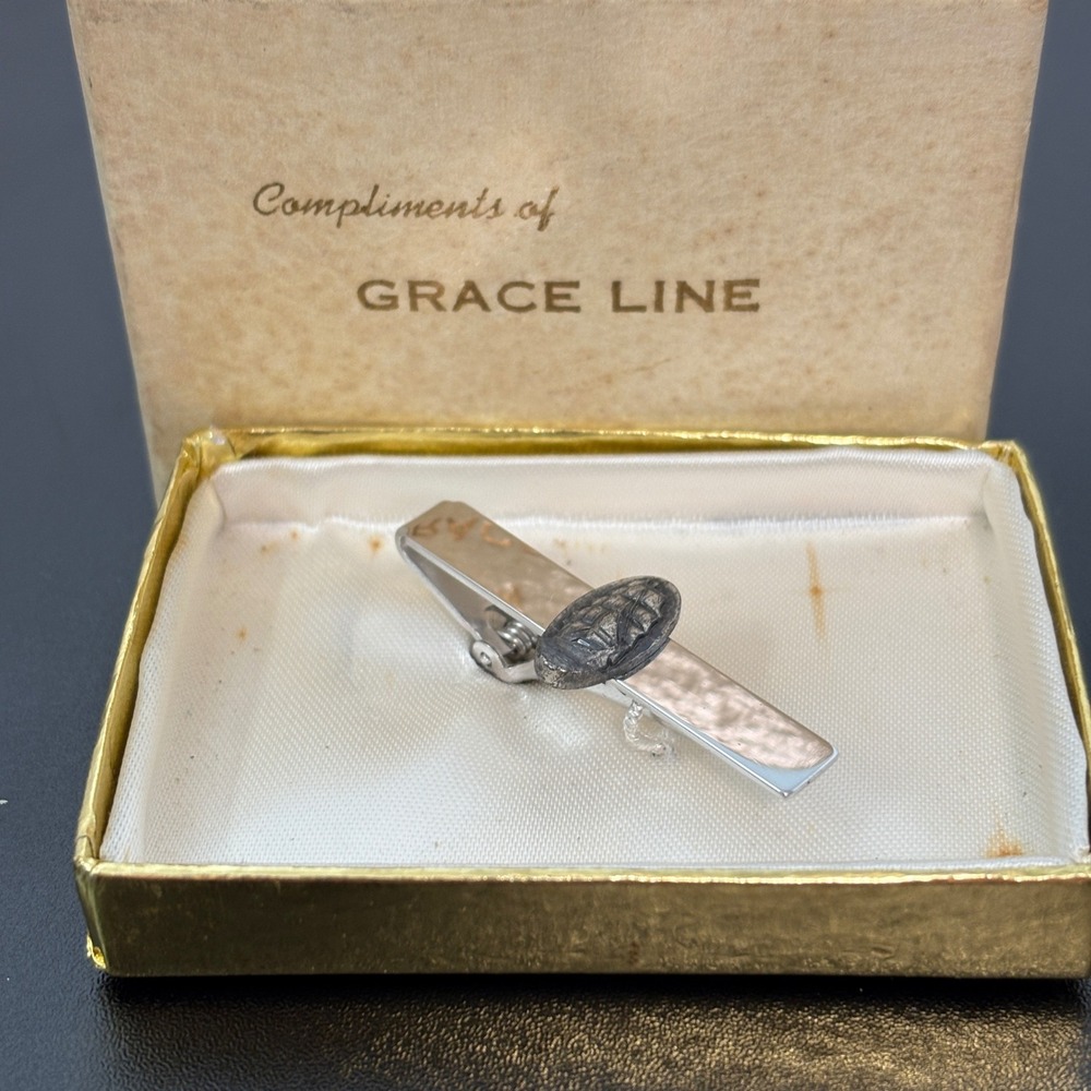 Anson Mens Tie Clip OS Silver Grace Line Vintage Nautical Sailing Ship Boxed